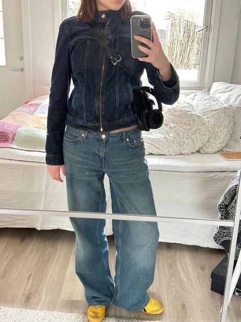 Vintage Denim Jacket Aesthetic, Zip Up Denim Jacket Outfit, Denim Moto Jacket Outfit, Denim Moto Jacket, Vintage Denim Jacket Outfit, Dark Denim Jacket Outfit, Denim Biker Jacket, Label M, Denim Jacket Outfit