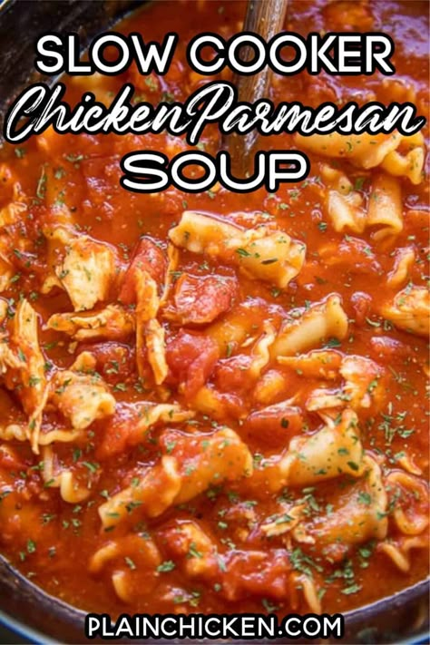 Chicken Parmesan Soup Recipe, Slow Cooker Chicken Parmesan, Chicken Parmesan Soup, Crockpot Chicken Parmesan, Soup Italian, Layered Salad Recipes, Parmesan Soup, Chicken Garlic, Favorite Soups