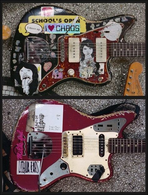 Thurston Moore’s ‘61 Fender Jazzmaster & Kim Gordon’s ‘66 Fender Jaguar Thurston Moore, Fender Jazzmaster, Kim Gordon, Guitar Obsession, Cool Electric Guitars, Sonic Youth, Classic Guitar, Beautiful Guitars, Fender Jaguar