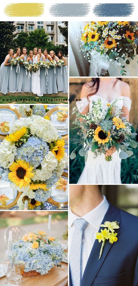 light blue and sunflower yellow spring and summer wedding colors Sunflower Wedding Theme, Wedding Nuptials, Blue Sunflower Wedding, Wedding Theme Color Schemes, Wedding Color Schemes Spring, Yellow Wedding Theme, Sunflower Themed Wedding, Theme Nature, Spring Wedding Colors