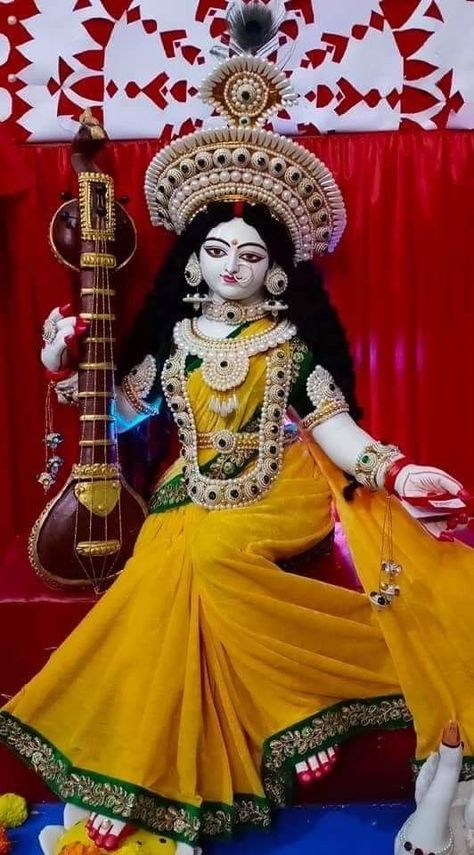 Ma Sarswati Image, Swarasati Devi Art, Swarasati Mata, Happy Saraswati Puja Images, Swarasati Maa Drawing, Saraswati Thakur, Brahma Vishnu Shiva, Devi Saraswati, Saraswati Picture