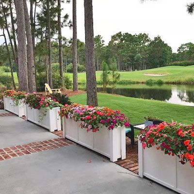 Planters Around Pool, Long Front Porch Decorating Ideas, Long Front Porch, Planter Boxes Flowers, Large Planter Boxes, Rectangular Planter Box, Front Porch Decorating Ideas, Brick Planter, Patio Edging