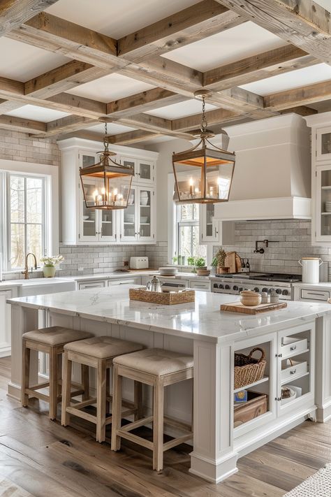 Modern Ranch House Kitchen, Kitchen Remodel Country Farmhouse Style, Modern And Rustic Home, White Farmhouse Kitchen Island, Home Decor Ideas Farmhouse Modern, Large Modern Farmhouse Kitchen, Modern Farmhouse Cottage Kitchen, Rustic Cottage Farmhouse, Modern Farm Home Interior