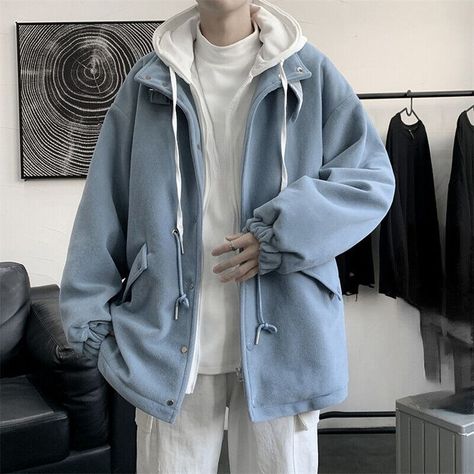 Blue Hoodie Outfit, Blue Outfit Men, Boy Aesthetic Outfits, Korean Street Fashion Men, Hoodie Outfit Men, Streetwear Hip Hop, Cool Outfits For Men, Hoodie Outfit, Harajuku Fashion Winter Couple, Hong Kong Style, Running Shorts Women, Fall Outfits Men, 90s Streetwear, Casual Stripes, Woolen Coat, Hooded Coat, Preppy Style