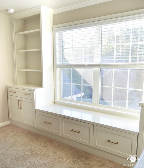 One Room Challenge Home Office Makeover - Built-in cabinets Flanking center room window with gold hardware- Filing Cabinets in Window Seat Bedroom Window Seat, Window Bench Seat, Window Seat Kitchen, Window Seat Design, Office Built Ins, Filing Cabinets, Room Window, One Room Challenge, Office Makeover