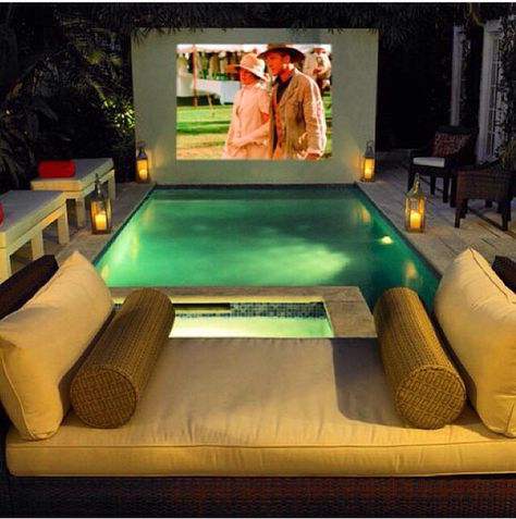 Terrace Hot Tub, Bedroom Courtyard, Pool House Decor, 25 Beautiful Homes, Outside Pool, Swimming Pool Architecture, Home Cinema Room, Outdoor Cinema, Outdoor Theater