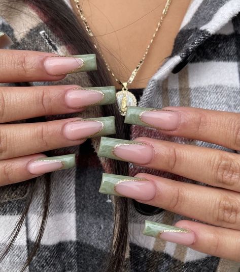 Nails Acrylic Jade Green, Cute Green Acrylics, Jade Nails French Tip, Green Acrylic Nails Aesthetic, Jade French Nails, Nail Inspo Acrylic Green, Green French Tip With Design, Nail Designs Jade Green, Jade Green French Tip Nails