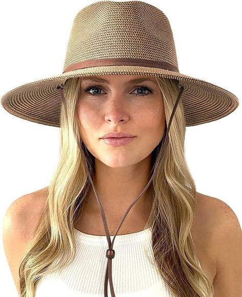 Amazon.com: FURTALK Womens Summer Straw Sun Hats Wide Brim Panama Fedora Beach Hat with Wind Lanyard UPF 50+ Khaki : Clothing, Shoes & Jewelry Fedora Hat Style, Fedora Beach, Brown Clothing, Mens Bucket Hats, Straw Sun Hat, Sun Protection Hat, Phish, Coffee Brown, Beach Hat