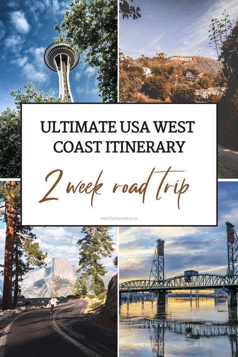 Explore the best of the US Pacific Coast with a 2-week road trip starting from sunny Los Angeles, California, on a circular loop to vibrant Seattle, Washington. Discover scenic coastal drives and charming inland routes as you make your way through beautiful Oregon. Includes suggested detours for a 3-week west coast USA Itinerary. Plan your next epic road trip and uncover more travel inspiration at familyroadtrip.co. West Coast Driving Trip, West Coast America Road Trip, West Usa Road Trip, Usa Itinerary, Us Family Vacations, Pacific Coast Highway Road Trip, California Coast Road Trip, Vacations In The Us, Beautiful Oregon