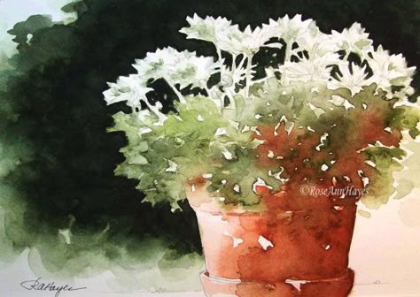 Rose Ann, White Chrysanthemum, Terra Cotta Pot, Terracotta Flower Pots, Chinese Brush, Brush Painting, Fall Watercolor, Watercolour Art, Flower Box