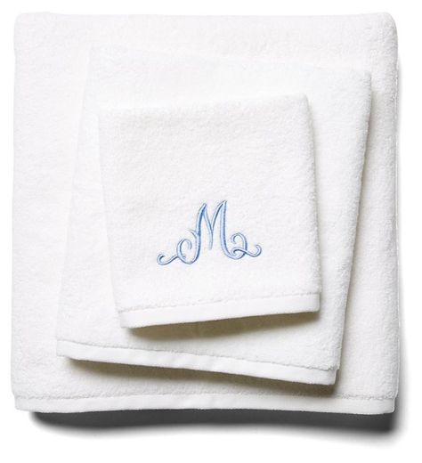 3-Pc Script Monogram Bath Set, White Monogram Towels, Script Monogram, Bath Set, Pamper Yourself, Bath Sets, Italian Fabric, Stylish Home, Cotton Towels, Interior Design Styles