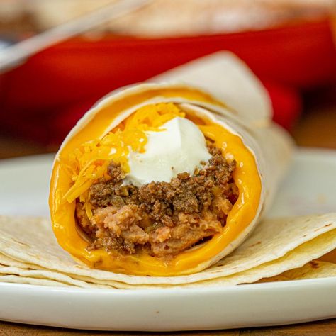 Taco Bell Beefy 5-Layer Burrito (Copycat) Recipe- Dinner, then Dessert Taco Bell 5 Layer Burrito Recipe, Taco Bell Burrito Recipe, 5 Layer Burrito, Potato Burrito Recipe, Taco Bell Potatoes, Taco Bell Beef, Taco Bell Recipes, Burrito Recipe, How To Make Taco