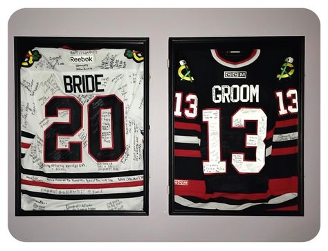 Have your wedding guests sign their names on custom made Chicago Blackhawks jerseys. Have the numbers represent the year you were married. Jersey Guest Book Weddings, Wedding Jerseys, Hockey Wedding Theme, Wedding Favor Sayings, Hockey Wedding, Wedding Photos Ideas, Sports Themed Wedding, Stag And Doe, Sports Wedding