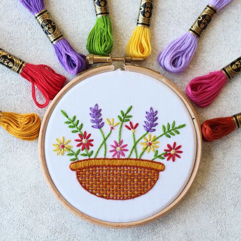 Flower Basket Embroidery, Basket Embroidery, Etsy Embroidery, Simple Hand Embroidery Patterns, Floral Cross Stitch Pattern, Beginner Embroidery Kit, Colour Full, Embroidery Sampler, Floral Embroidery Patterns