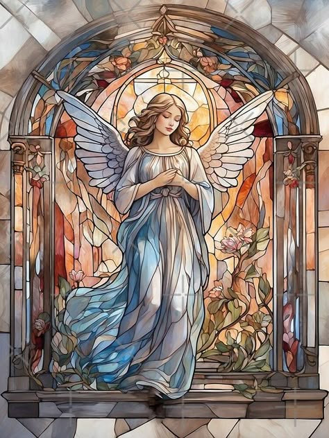 Angel Posters, Stained Glass Angel, Wall Displays, Jesus Christ Artwork, Glass Window Art, Angel Images, Stained Glass Flowers, Art Stained, Glass Artwork