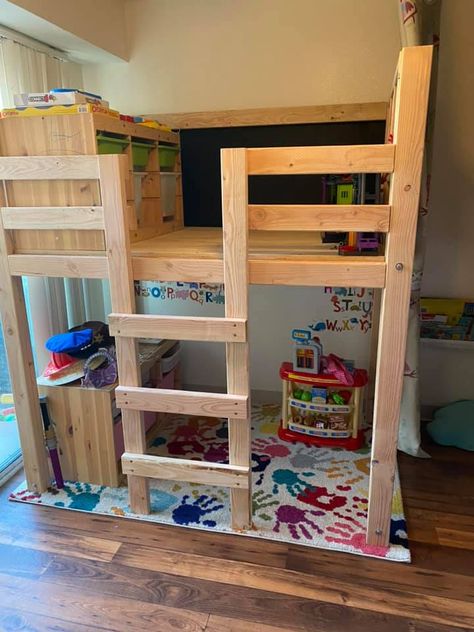 Loft Bed With Toys Underneath, Diy Loft Space, Indoor Play Area For Kids Loft, Loft Bed With Play Area On Top, Loft Bed For Playroom, Play Loft Over Bed, Indoor Play Loft, Diy Play Loft, Closet Fort For Kids