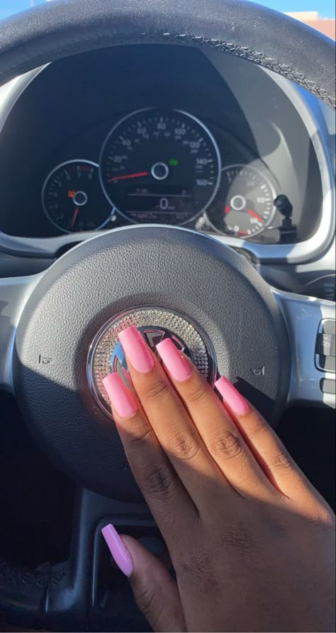 Medium pink nails on steering wheel Light Pink Acrylic Nails Coffin Long, Hot Pink Medium Acrylic Nails, Solid Nail Colour Ideas, Short Plain Acrylic Nails Simple Colour, Light Pink Nails Medium Length, Solid Color Acrylic Nails Coffin Medium, Hot Pink Nails Medium Length, Plain Baddie Nails, Solid Colour Gel Nails