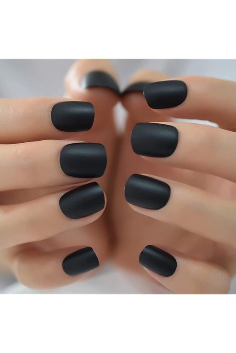 Black Short False Press On Nails Full Cover Artificial Acrylic Predesigned Nails Matte Faux Nails Tips for Daily Salon Quality Fake Gel Nails 24pcs Fake Gel Nails, Long Nail Beds, Fake Acrylic Nails, Short Oval Nails, Wide Nails, Press On Nails Medium, Nails Medium, Nails For Women, Nail Forms