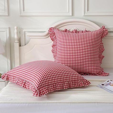 Amazon.com: Mywinlle Red/White Plaid Euro Pillow Shams Ruffle Pillowcases Set of 2,Shabby Checkered Pillow Cover Washed Cotton Pillow Covers(26"x26",Red/White Plaid : Home & Kitchen Valentine's Day Pillow, Checkered Pillow, Room Romantic, Plaid Sign, European Pillows, Plaid Pillow Covers, Plaid Pillow, Euro Pillow, Red Pillows