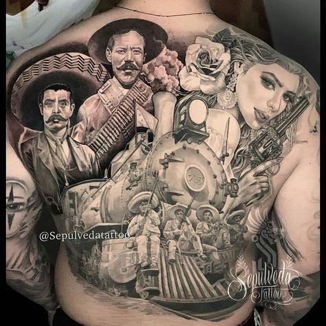 @mexicanstyle_tattoos on Instagram: “Mexican revolution Tattoo by @sepulvedatattoo #mexicanstyle_tattoos #mexicanculture #mexstyletats #blackandgrey #tattoos #ink #revolutionary” Mexican Revolution Tattoo, Mexican Heritage Tattoos, Mexican Heroes, Revolution Tattoo, Train Sketch, Train Tattoo, Lion Art Tattoo, Mexican Tattoo, Mexican Art Tattoos