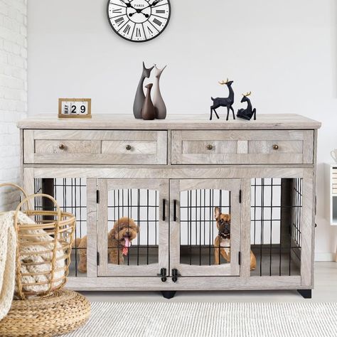 58" Wooden Dog Crate Furniture with Openable Partition, 2 Drawers, 5-Doors, 2 Rooms and TV Stand Function, Ideal for Indoor Use (Grey) Pet Crate Furniture, Dog Kennel End Table, Dog Crate End Table, Dog Crate Table, Indoor Dog Kennel, Wood Dog Crate, Crate End Tables, Wooden Dog Kennels, Wooden Dog Crate