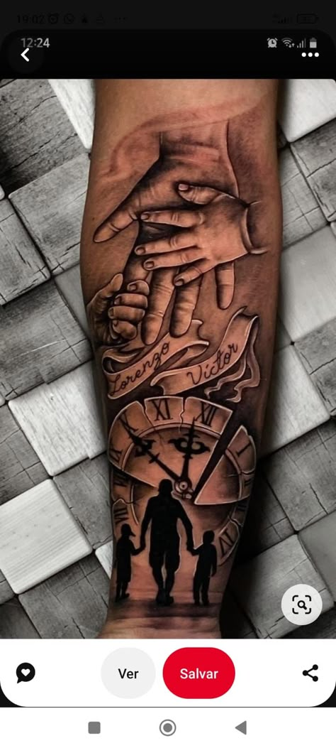 Dad And Kids Tattoo, Kids Tattoo For Dad, Family Tattoos For Men Forearm, Children Name Tattoo Ideas For Men, Daughter And Father Tattoos, Father And Son Tattoo Ideas, Tommy Tattoo, Luke Tattoo, Father And Son Tattoo