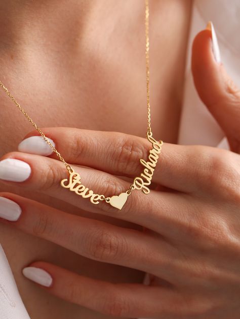 Rose Gold Name Necklace, 2 Name Necklace, Arabic Jewelry, Font Number, Necklace With Heart, Princess Jewelry, Lovers Necklace, Gold Name Necklace, Bridal Gold Jewellery Designs