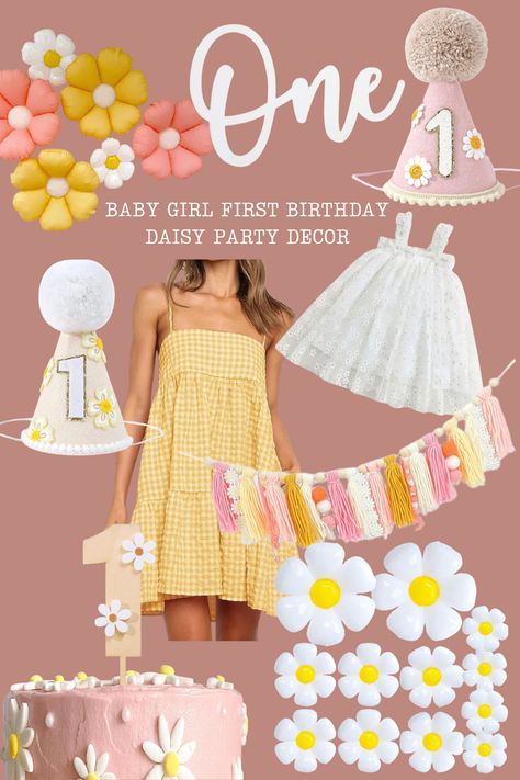 Daisy party decor, daisy first birthday decor, daisy first birthday theme, little miss daisy, little miss onderful, daisy dress, daisy party hat, daisy dress, first birthday dress idea, first birthday outfit, first birthday decor, groovy one, groovy daisy decor Pink Daisy First Birthday Theme, Daisy Birthday Outfit, Onederful Birthday Party Girl Daisy, Daisies Birthday Theme, First Birthday Girl Daisy Theme, Daisy Theme 1st Birthday, Daisy Party Theme 1st Birthdays, Daisy Party Theme, Daisy First Birthday Theme