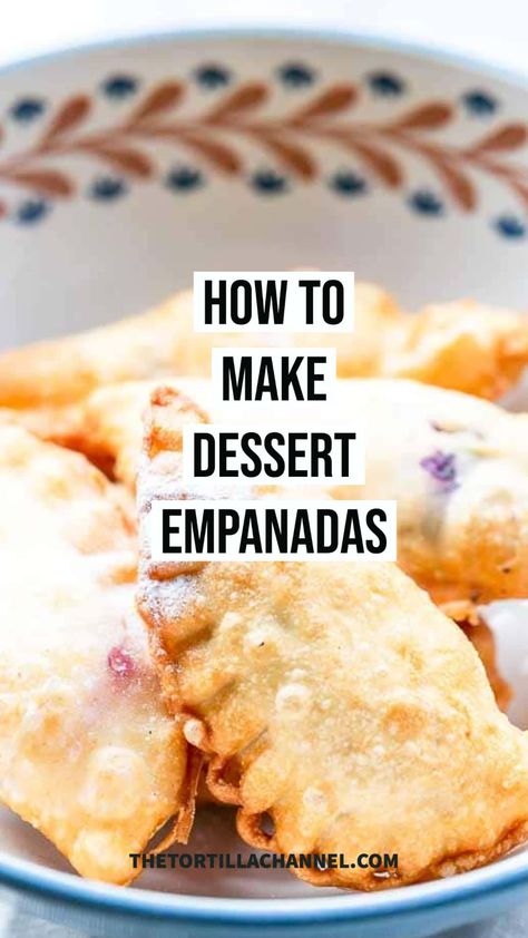 These blue dessert empanadas are so delicious. These fried empanadas are crunchy on the outside with a slightly sweet cream cheese filling. They are great to serve as a dessert, with a cup of tea or as a snack. They are made with empanada dough for frying to make them taste even better. Want to try? Visit thetortillachannel.com for the full recipe and instructions Cream Cheese Empanada Dough, Blueberry Empanadas, Empanadas Recipe Sweet, Empanada Dough For Frying, Fruit Empanadas Recipe, Empenada Recipe, Fruit Empanadas, Sweet Empanada Dough Recipe, Empanadas Sweet