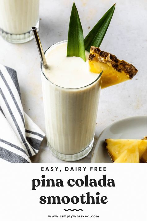 This healthy, vegan pina colada smoothie recipe is made with coconut yogurt and frozen pineapple, with a little banana and oats for added nutrition, making this non alcoholic smoothie perfect for breakfast or a refreshing afternoon snack. Feel free to add your favorite protein powder for an extra nutritional boost. Dairy Free Pina Colada, Vegan Pina Colada, Pina Colada Smoothie Recipe, Pina Colada Smoothie, Frozen Pineapple, Afternoon Snack, Coconut Yogurt, Breakfast Smoothies, Smoothie Recipe