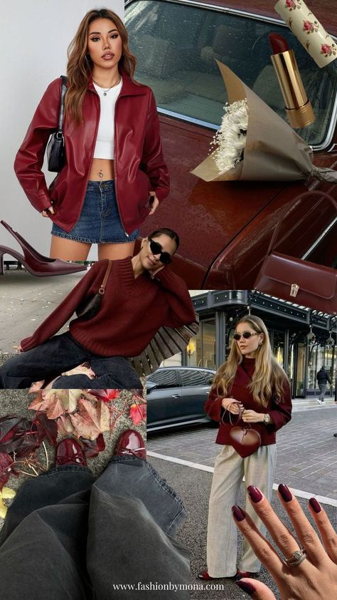 Burgundy aesthetics collage/montage, red nails, dark red knit jumper, red leather jacket, red ballet flats, dark red shoulder bag, red vintage car, dark red sweater, autumn aesthetics Cherry Red Skirt Outfit, Cherry Color Outfit, Cherry Coded Outfits, Cherry Red Outfit Aesthetic, Cherry Red Fashion, Red Hair Outfits Aesthetic, Cherry Red Aesthetic Outfit, Red And Brown Outfit, Cherry Red Outfit