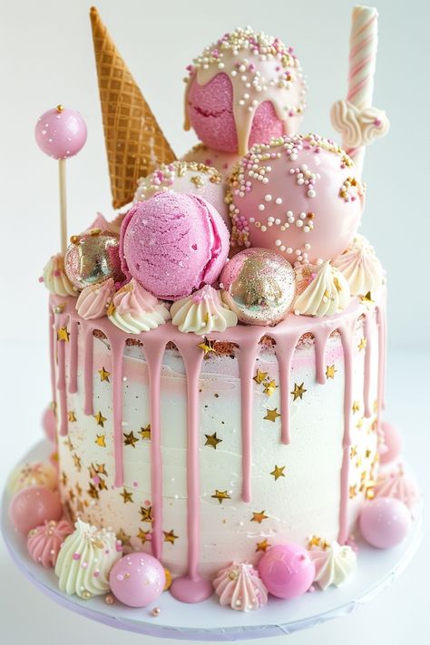 Pastel Perfection: Elegant Pink Birthday Cake for a Stylish Celebration Ice Cream Cake Designs Birthday Parties, Cake With Macaroons On Top, Pink Ice Cream Cake, Sweet One Birthday Cake, Bailey Cake, Roblox Birthday Cake, Baileys Cake, Unique Birthday Ideas, Sweetie Cake