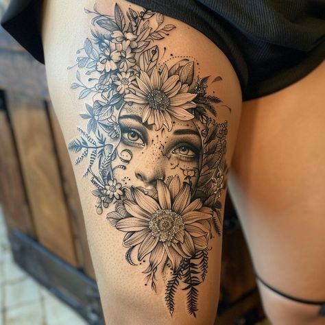 This stunning tattoo design beautifully merges the delicate features of a woman’s face with a lush array of flowers, creating a harmonious blend of natural Portrait Tattoos, Thigh Tattoo Designs, Biomechanical Tattoo, Forearm Tattoo Design, Full Back Tattoos, Surrounded By Flowers, Animal Symbolism, Full Sleeve Tattoos, Delicate Features