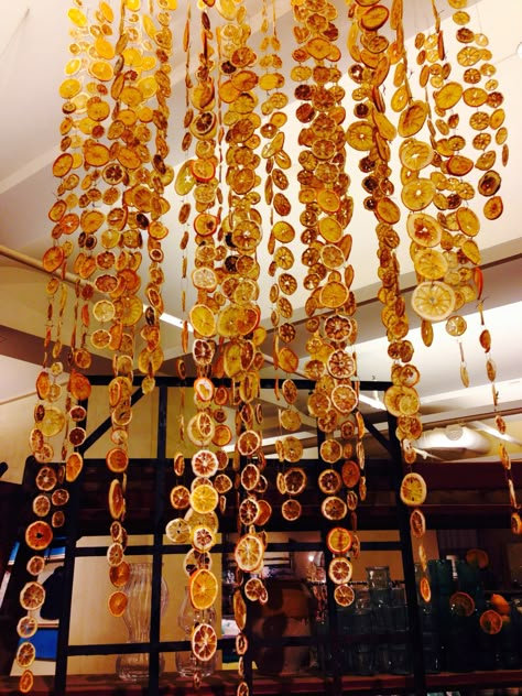 Dried lemon slice garlands. I saw these in Anthropologie in Cambridge and I would like to make them for my apartment. They're just oven-dried lemon slices. Deco Fruit, Lemon Crafts, Lemon Drops, Dried Lemon, Deco Nature, Stovetop Potpourri, Natural Christmas, Garden Art Sculptures, Garden Art Diy