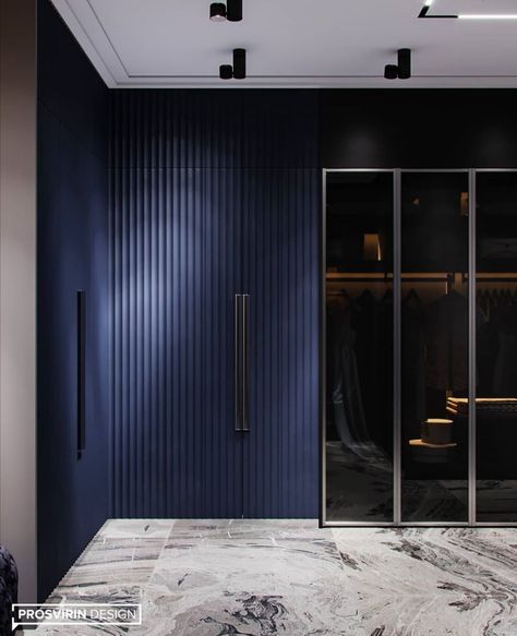 Blue Built In Wardrobe, Navy Walk In Closet, Woredrop Design, Dark Blue Wardrobe Bedroom, Dark Blue Closet, Dark Blue Wardrobe, Blue Wardrobe Bedroom, Navy Blue Wardrobe, Blue Dressing Room