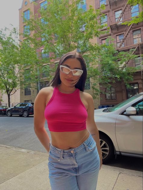 #pink #zara #pinkdrink # Pink Crop Top Outfit Jeans, Pink Crop Top Outfit, Pink Mesh Top, Crop Top Outfit, Hot Pink Tops, Baby Drawing, Pink Drinks, Top Outfit, Pink Crop Top