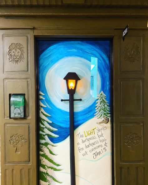 2019 Door Decorating Contest - My classroom door was transformed into a gateway to Narnia with a little help from my hubby. Wardrobe is made from foam insulation. Lamp post is project board and the bulb is wired to go down the post, under the door, and plug in on the other side. Narnia Bulletin Board Ideas, Lion Witch And The Wardrobe Classroom Door, Narnia Classroom Door, Narnia Bulletin Board, Narnia Door Decoration, Nutcracker Classroom Door, Winter Door Decorating Contest, Classroom Door Winter, Narnia Display