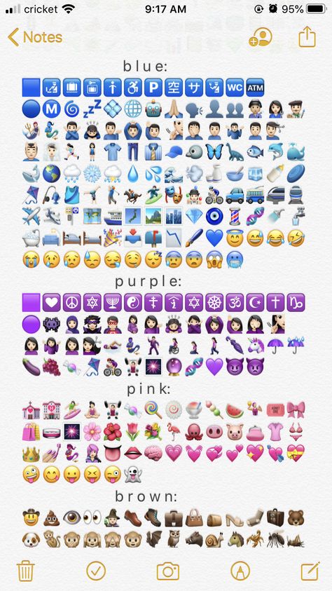 blue emojis, purple emojis, pink emojis, brown emojis, organized into colored order. Purple Emoji Combos, Blue Emoji Combos, Purple Emoji Combinations, Pink Emoji Combos, Blue Emoji Combinations, Brown Emojis, Pink Emoji Combinations, Aesthetic Emoji Combos, Combo Emoji