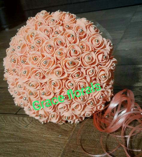 Foam peach roses bouquet with golden beDs Peach Roses Bouquet, Roses Bridal Bouquet, Roses Bouquet, Foam Roses, Foam Flowers, Peach Roses, Bridal Bouquets, Rose Bouquet, Bridal Bouquet