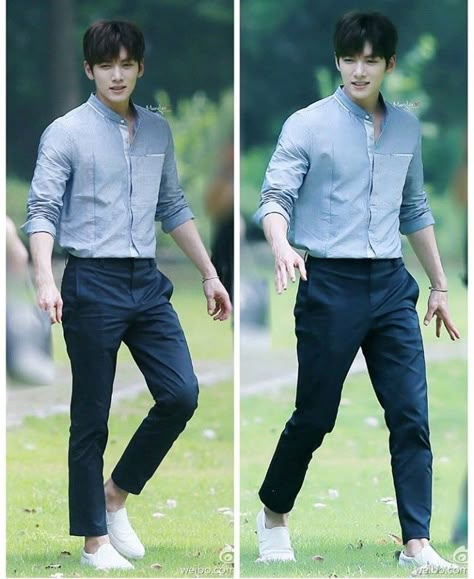 A look. Mandarin collar shirt and pants. Ji Chang Wook. Mandarin Shirt Men Outfit, Mandarin Collar Shirt Mens Outfit, Clothes Outfits Ideas, Denim Shirt Outfit, Trending Clothes, Semi Formal Outfit, Mandarin Collar Shirt, Formal Men Outfit, Mens Casual Dress Outfits