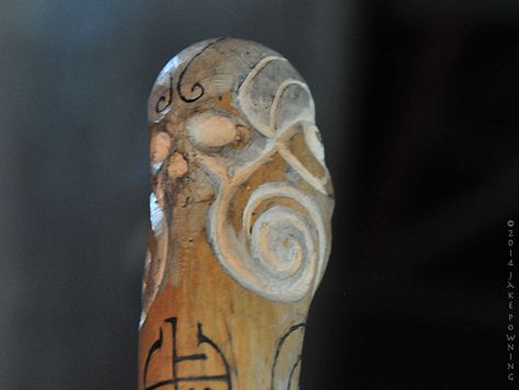 A Gramary of Art | Jake Powning Fantasy Wood Carving Patterns, Wood Carving Study Sticks, Wood Staff Carving, Carved Wood Spirits, Norse Wood Carving, Hand Carved Walking Sticks, Soapstone Carving, Canes And Walking Sticks, Wooden Words