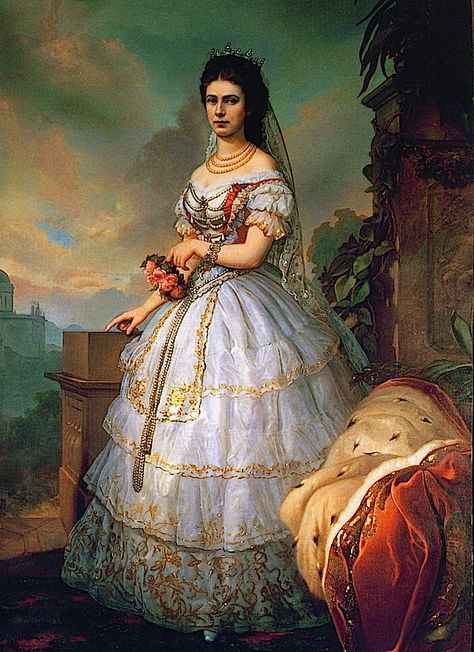 Empress Sisi in a traditional Hungarian gown. 1800s Clothing, Empress Sissi, Franz Xaver Winterhalter, Era Victoria, Royalty Core, Empress Elisabeth, Location Unknown, Satin Gowns, Victorian Portraits