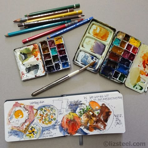 sketching my life and sharing the experience Coconut Sketch, Watercolour Palette, Liz Steel, Kunstjournal Inspiration, Travel Art Kit, Colour Making, Travel Sketchbook, Watercolor Kit, Artist Journal