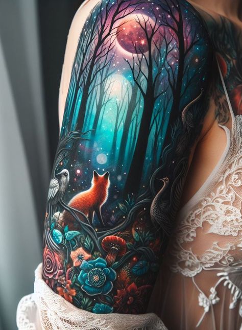 Magic Forest Tattoo, Magical Forest Tattoo, Enchanted Forest Tattoo, Vertical Tattoo, Forest Tattoo, Cool Nature, Japanese Forest, Forest Tattoos, Fantasy Tattoos