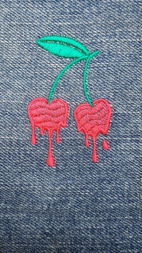 this dripping cherries embroidery design looks like the cherries are melting. The fill has a wave to it, the branch and leaf are stitched in a shiny satin stitch. Cherry up your mood with this fruit embroidery design to use for tea towels or curtains, embroider cherries on machine in a unexpected color like black to create a stunning art work embroidered at home. Cherries Embroidery, Two Color Design, Y2k Embroidery, Embroidered Tea Towels, Embroidered Coasters, Cherry Embroidery, Diy Embroidery Designs, Embroidery Download, Embroidery Design Download