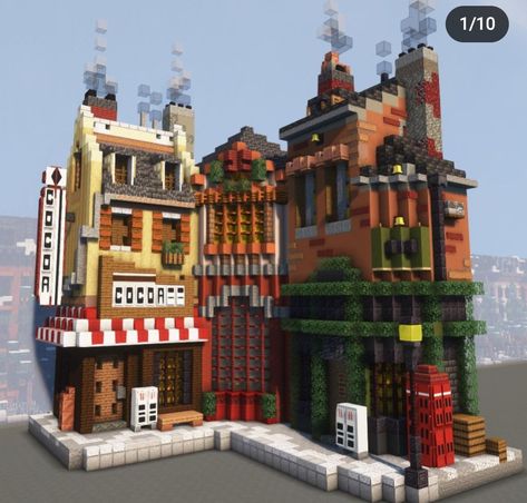 Minecraft Shop Building, Steampunk Town Minecraft, Minecraft Town Shops, Minecraft Town Ideas Buildings, Minecraft Stores, Minecraft Market, Minecraft Town Ideas, Minecraft Shop, Minecraft Modern City