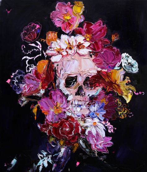 Craig Waddell: Mexico Dreams | Brisbane Art Mexican Skull Art, Mexican Art Painting, Colorful Skull Art, Skull Flower, Skull Painting, Skull Artwork, Impasto Painting, Painting Art Projects, Mexican Art