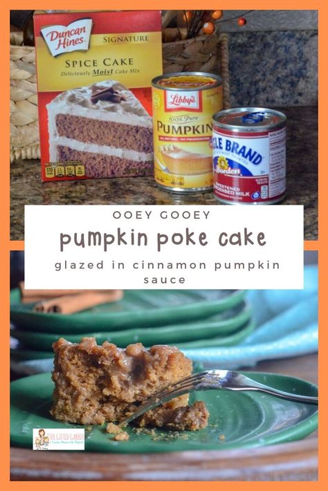 Though the base of this easy pumpkin spice poke cake recipe comes from a box mix, this dessert easily passes for a from scratch cake! This moist cake is covered with a delicious homemade cinnamon pumpkin glaze made with condensed milk. That sweet pumpkin sauce is the best thing since sliced...pumpkin bread! Spiced Pumpkin Poke Cake, Pumpkin Spice Poke Cake, Pumpkin Bread Cake, Spice Poke Cake, Pumpkin Glaze, Best Potluck Dishes, Cinnamon Cake Recipes, Pumpkin Poke Cake, Spice Cake Mix And Pumpkin