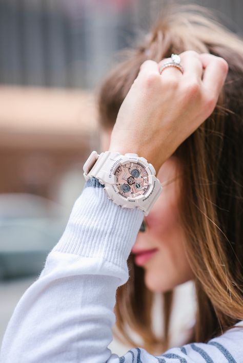 Baby G Watch Woman, Womens Digital Watches, G Shock Watches Women Outfits, White Watch Outfit, Gshock Watch Women, Watch Photoshoot, Baby G Shock Watches, Watches Woman, Baby G Shock