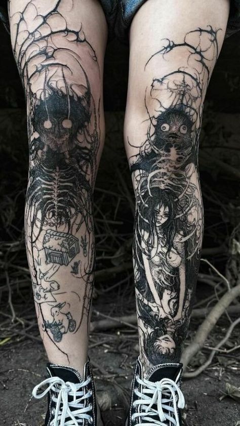 Dark And Creepy Tattoos, Gore Tattoo Design, Creepy Leg Tattoos, Emo Sleeve Tattoo, Dark Horror Tattoo Designs, Gore Tattoo Ideas, Dark Arm Tattoo, Dark Sleeve Tattoo, Creepy Tattoos For Women